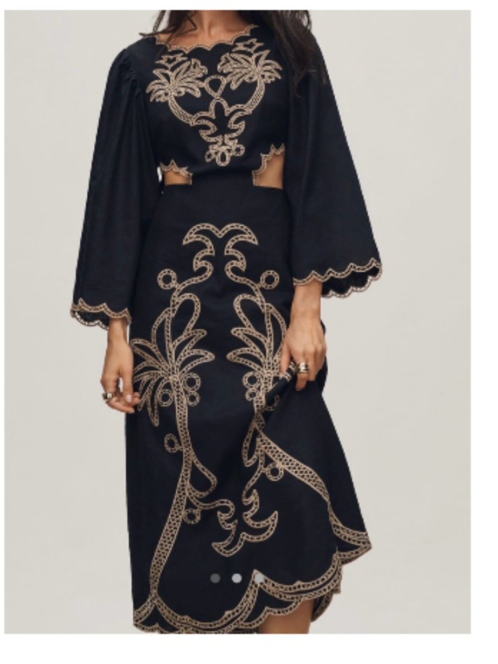 Farm Rio Black Long-Sleeve Midi Dress with Cream Embroidery